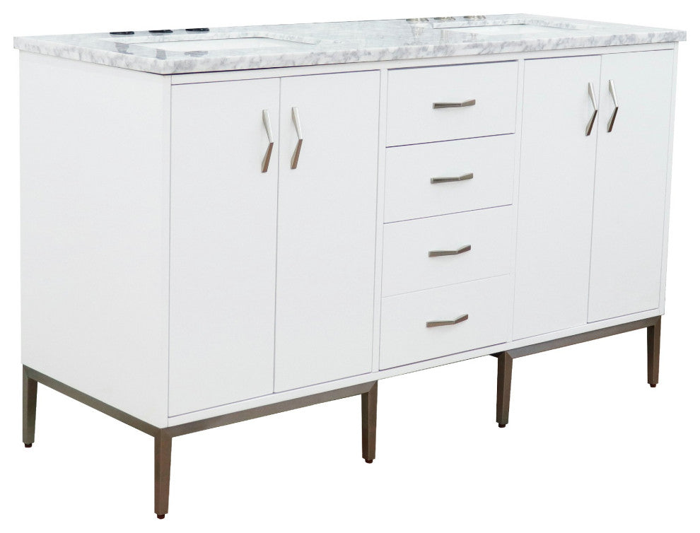 61" Double Sink Vanity, White Finish With White Carrara Marble