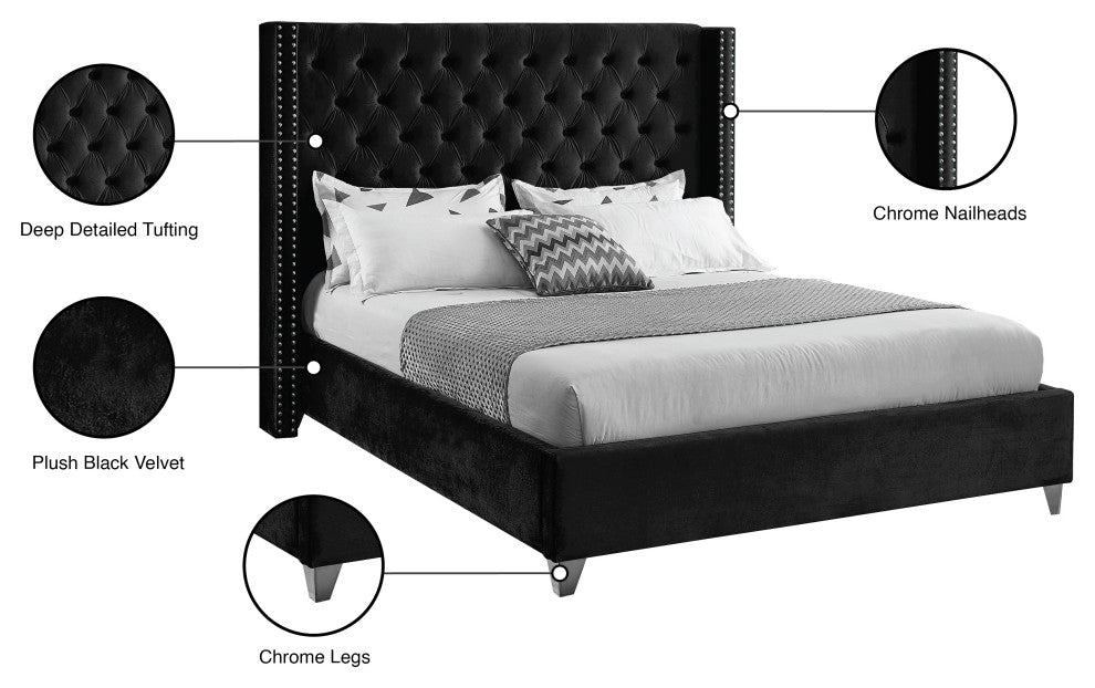 Ames Velvet Bed, Black, Queen
