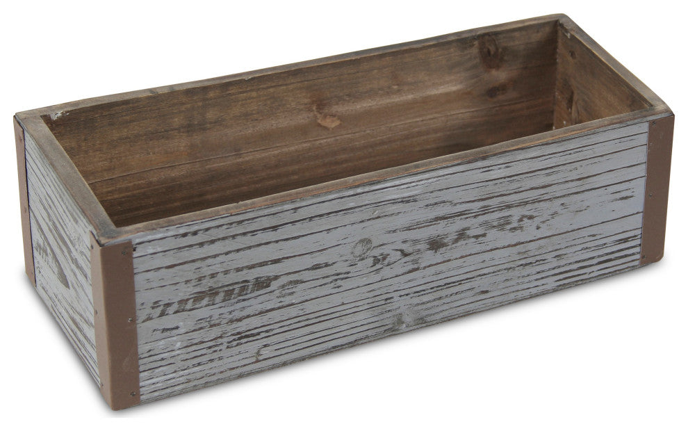 Gray Wash Wooden Rectangular Planter With Metal Corner Accents