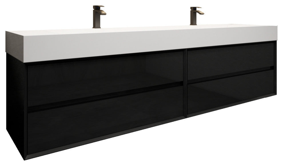 MAX 84" Double Floating Bath Vanity With Acrylic Sink, Coffee Wood, Gloss Black