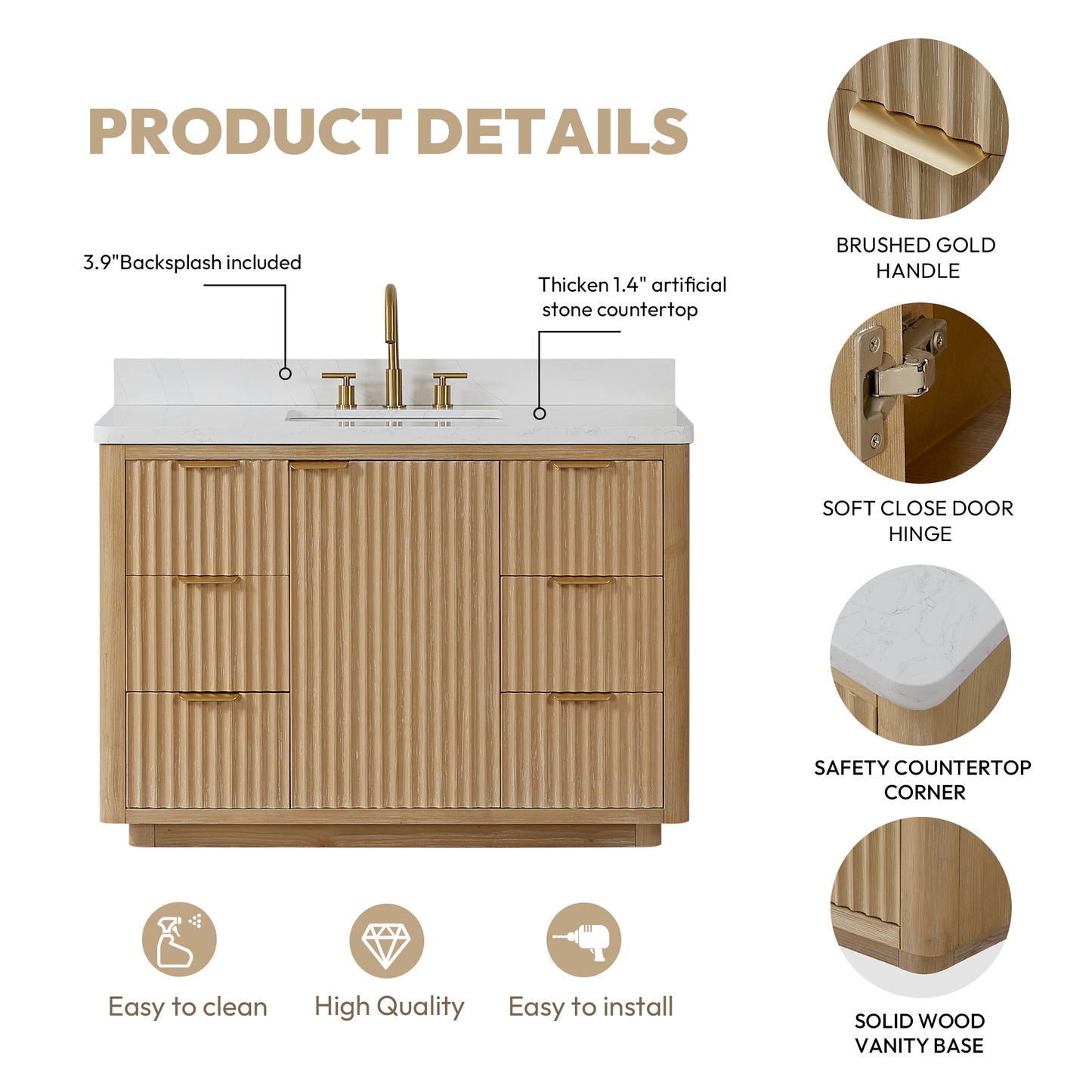 Vinnova Cadiz Bath Vanity, Composite Stone Top, Washed Ash Grey, 48", No Mirror