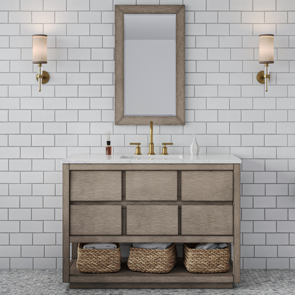Oakman Marble Top Vanity in Grey Oak with Faucet, 48", Vanity With Satin Gold Faucet