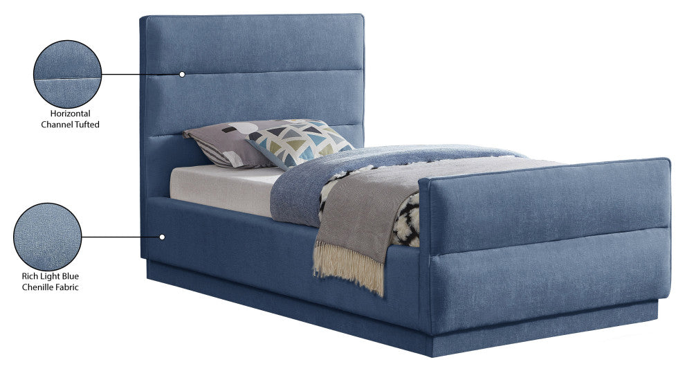 Paxton Chenille Fabric Upholstered Bed, Blue, Twin