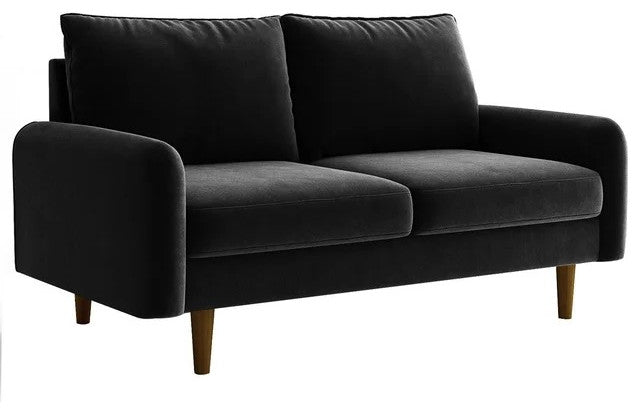 Retro Modern Velvet Loveseat with Tapered Wood Legs and Comfy Upholstered Seat, Black