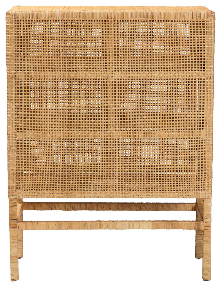 Vivan Bohemian Natural Brown Rattan and Mahogany Wood 3-Shelf Storage Cabinet