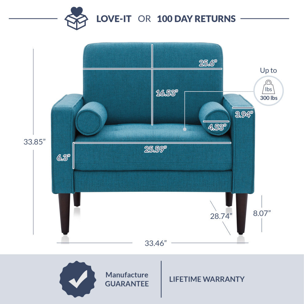 Erik Accent Chair Tufted Linen with Bolster Pillows, Mallard Teal