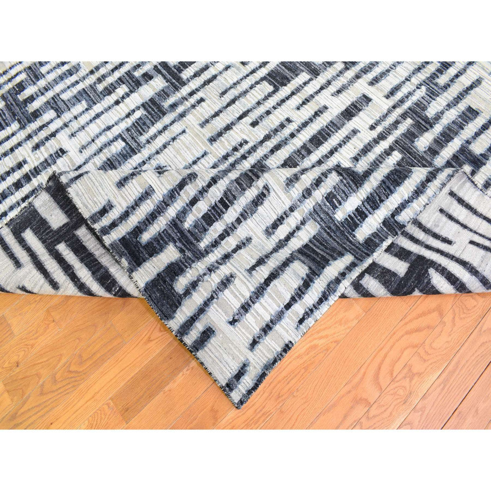 Black and White Zig Zag Design Pure Silk and Textured Wool Rug, 9'0" x 12'0"