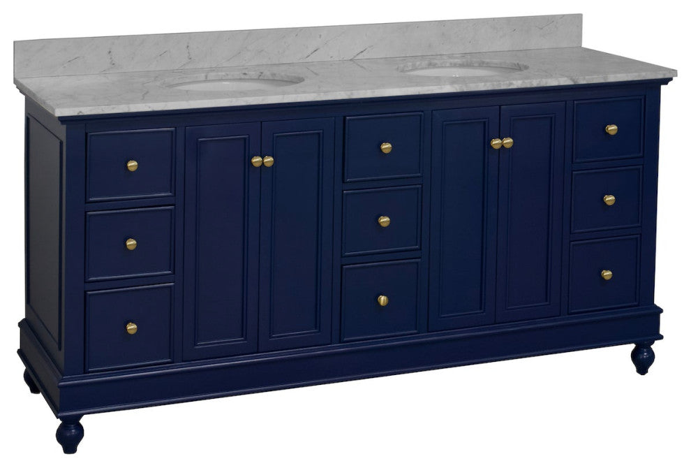 Bella 72" Double Bath Vanity, Base: Royal Blue, Top: Carrara Marble
