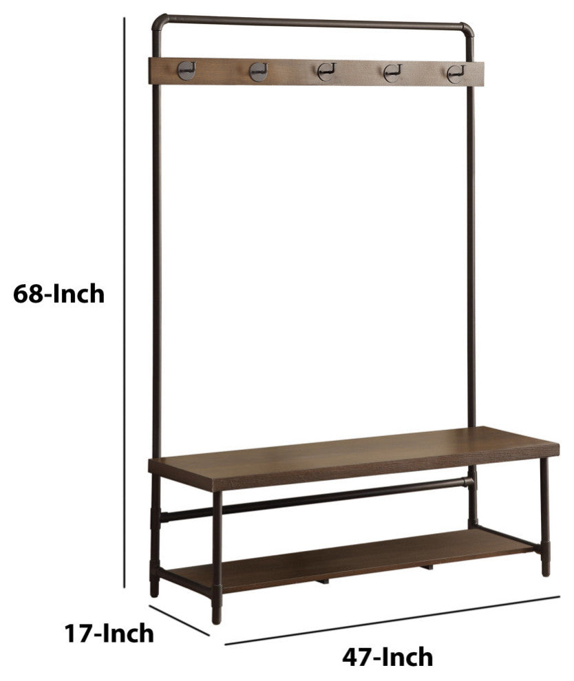 Industrial Inspired Pipe Designed Hall Tree With Built In Bench, Brown & Bronze
