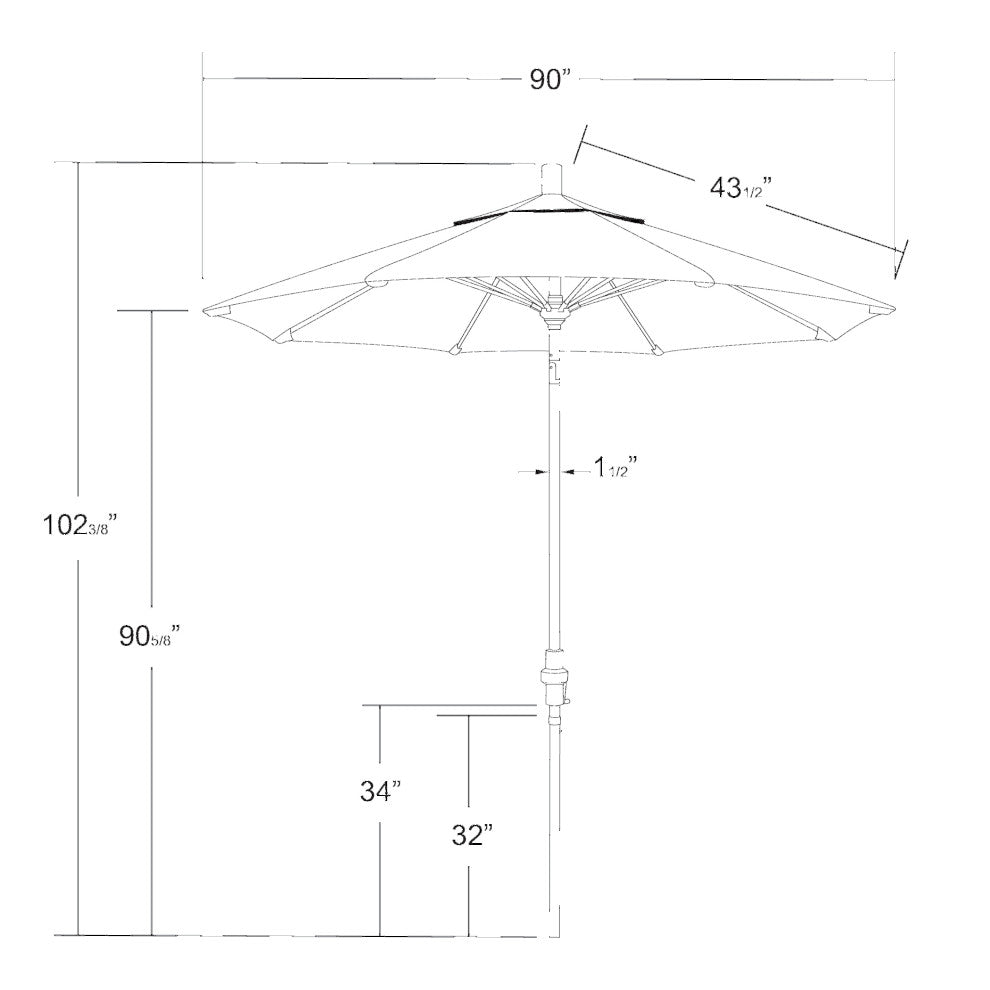 7.5' Bronze Collar Tilt Lift Fiberglass Rib Aluminum Umbrella, Pacifica, Capri