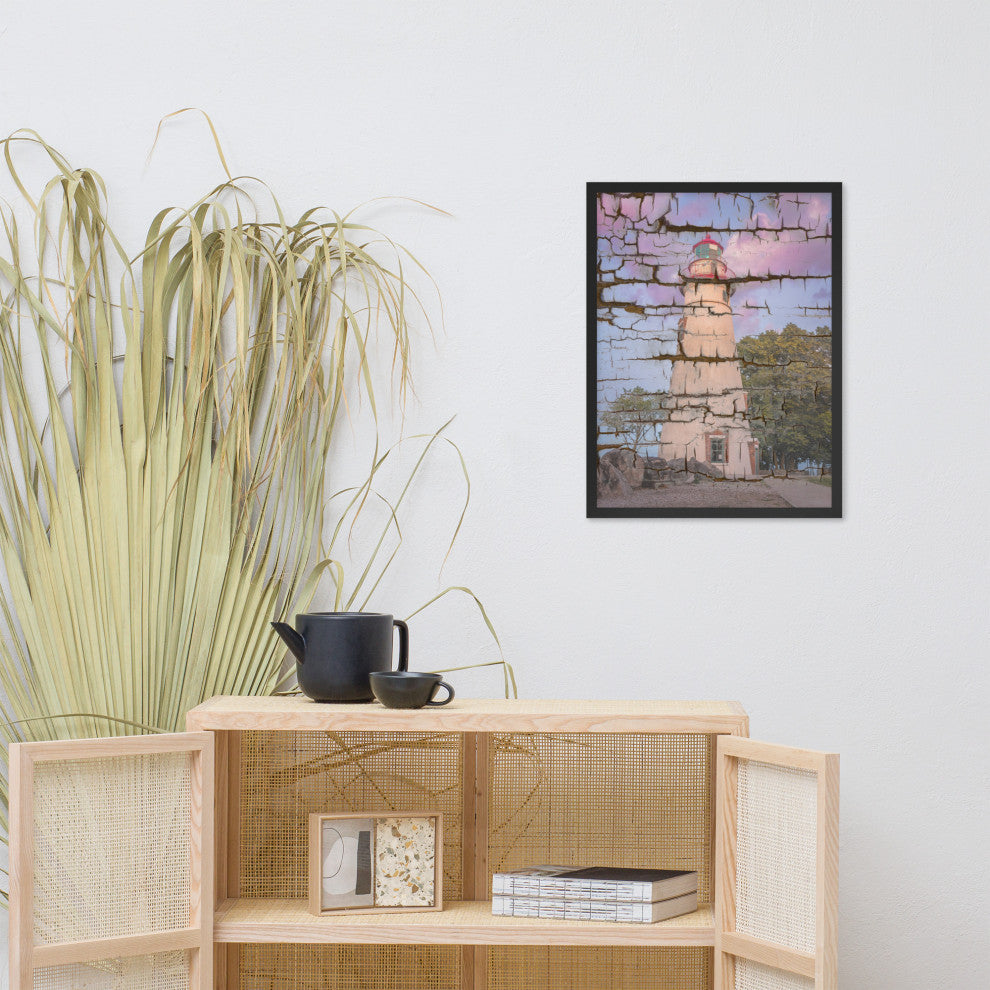 Faux Wood Texture Marblehead Lighthouse at Sunset Framed Photo Wall Art Print, Black, 18" X 24"