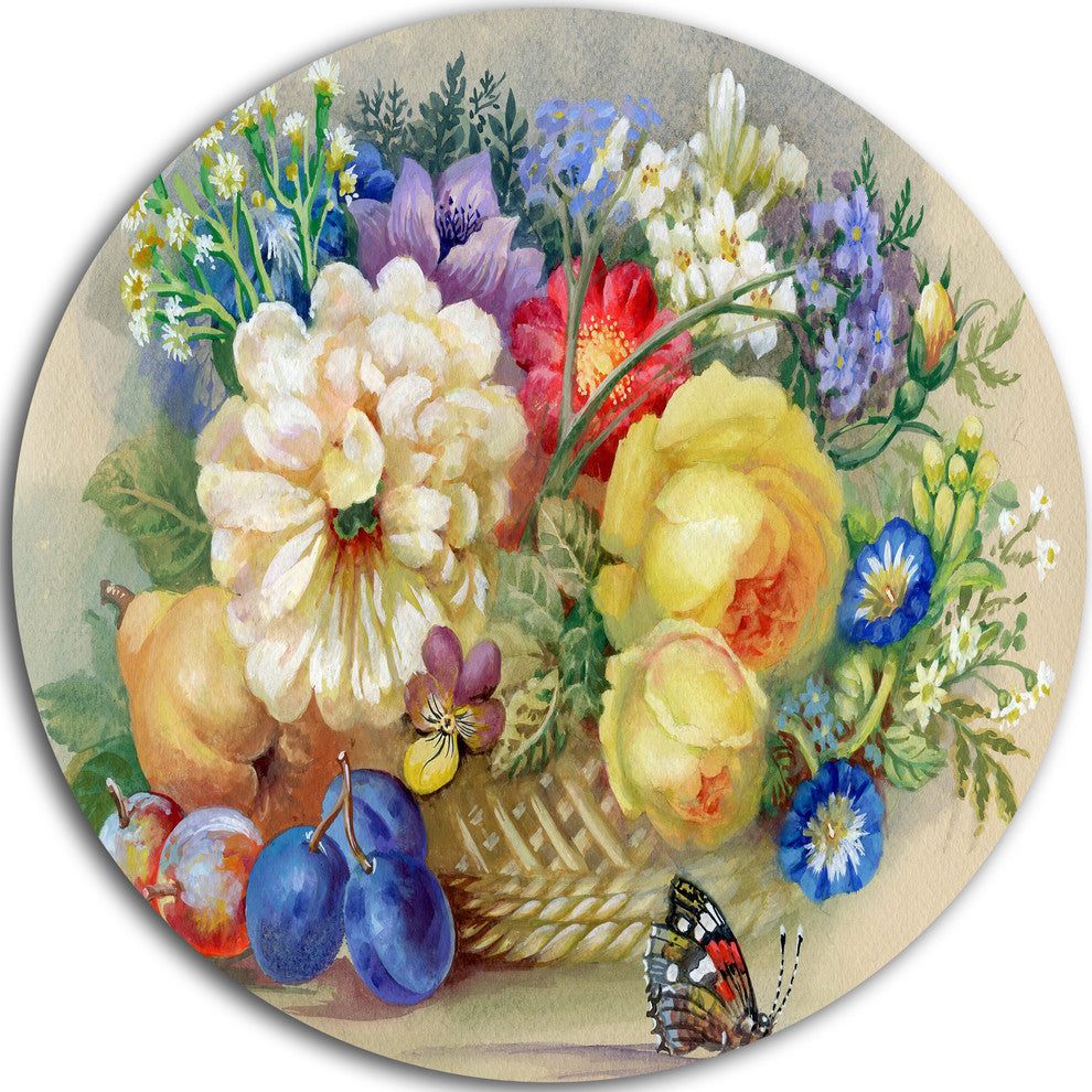 Bunch Of Flowers And Fruits, Floral Round Wall Art, 23"