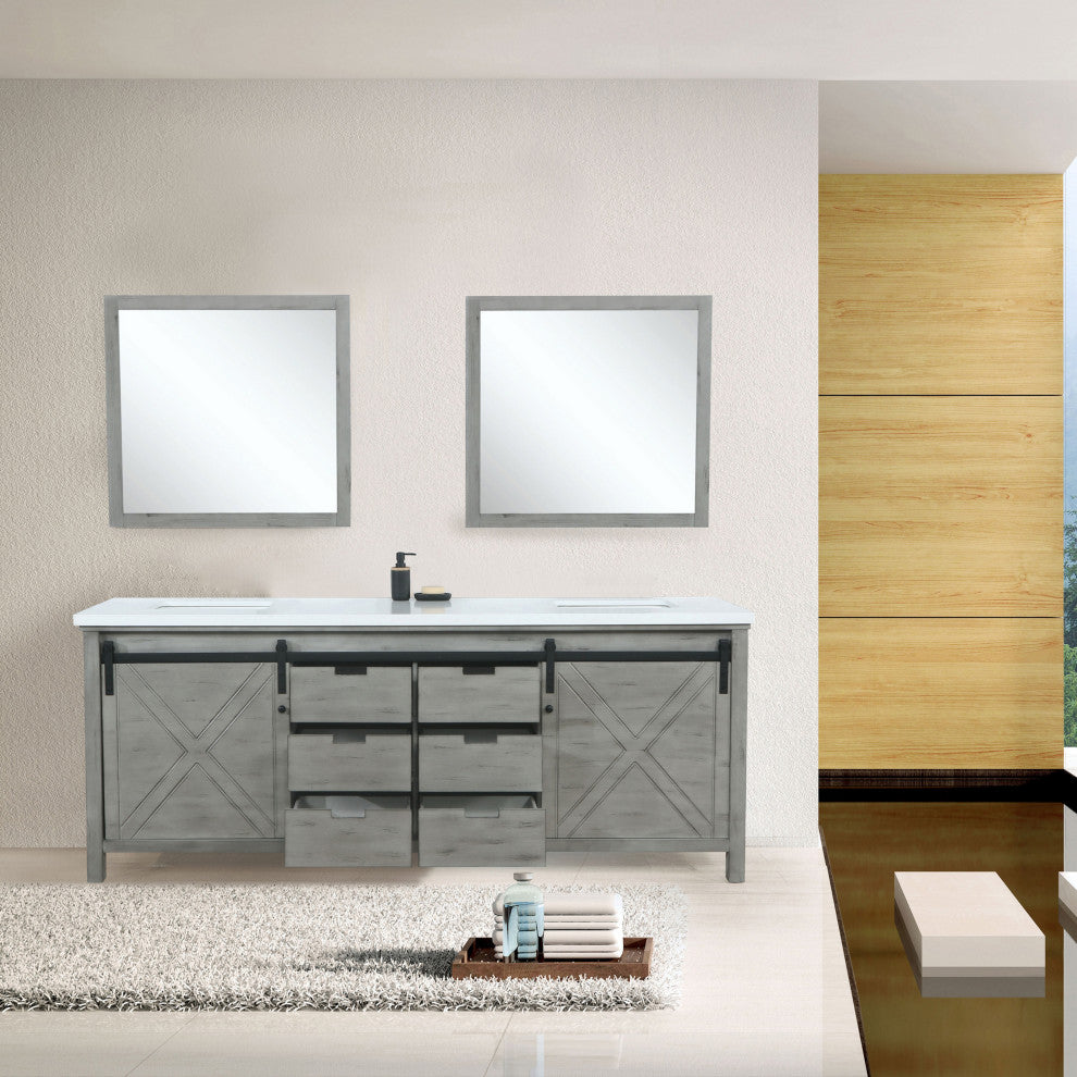 Marsyas 80" Ash Gray Double Vanity Ash Gray Quartz Top Sinks, 30" Wall Mirrors