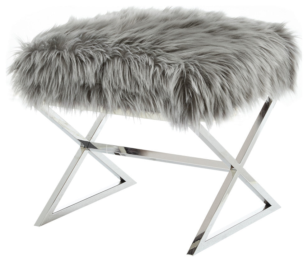 Oria Faux Fur X-Leg Chrome Base Ottoman, Gray/Chrome