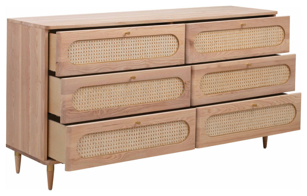 Carmen Cane 6 Drawer Dresser, Rattan Wicker Ash Wood Sideboard
