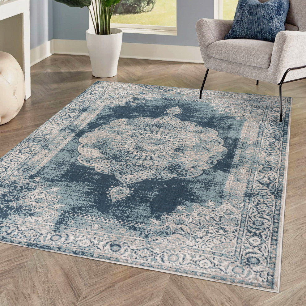 Rosalia Cottage Medallion Area Rug, Ivory/Blue, 5x8