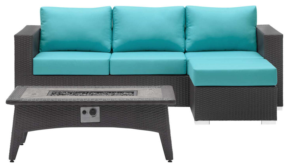 Modern Outdoor Sofa, Chair and Coffee Table Fire Pit Set, Fabric Rattan, Blue