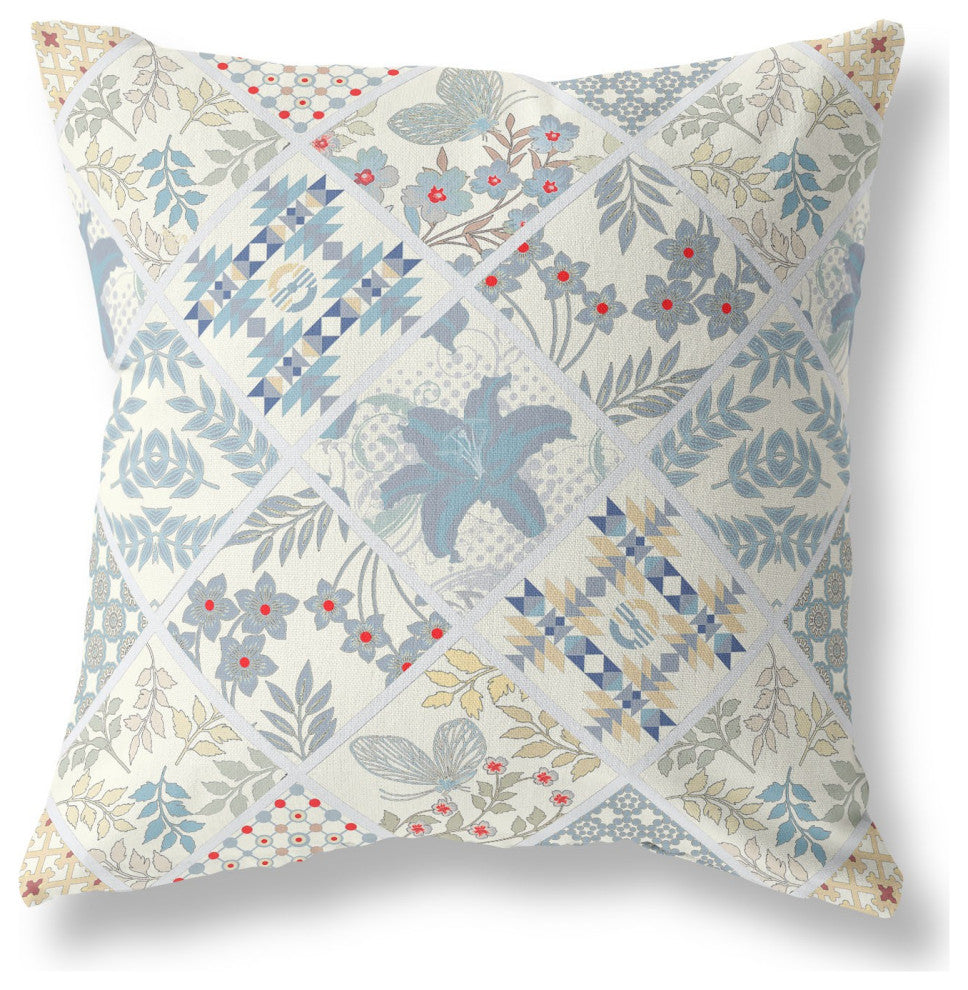 20 White Blue Patch Indoor Outdoor Throw Pillow