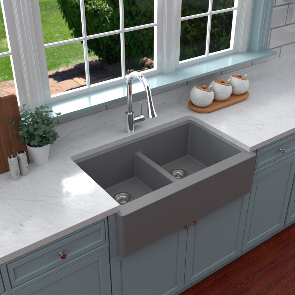 Karran Farmhouse Apron Front Quartz 34" Double Bowl Kitchen Sink, Grey