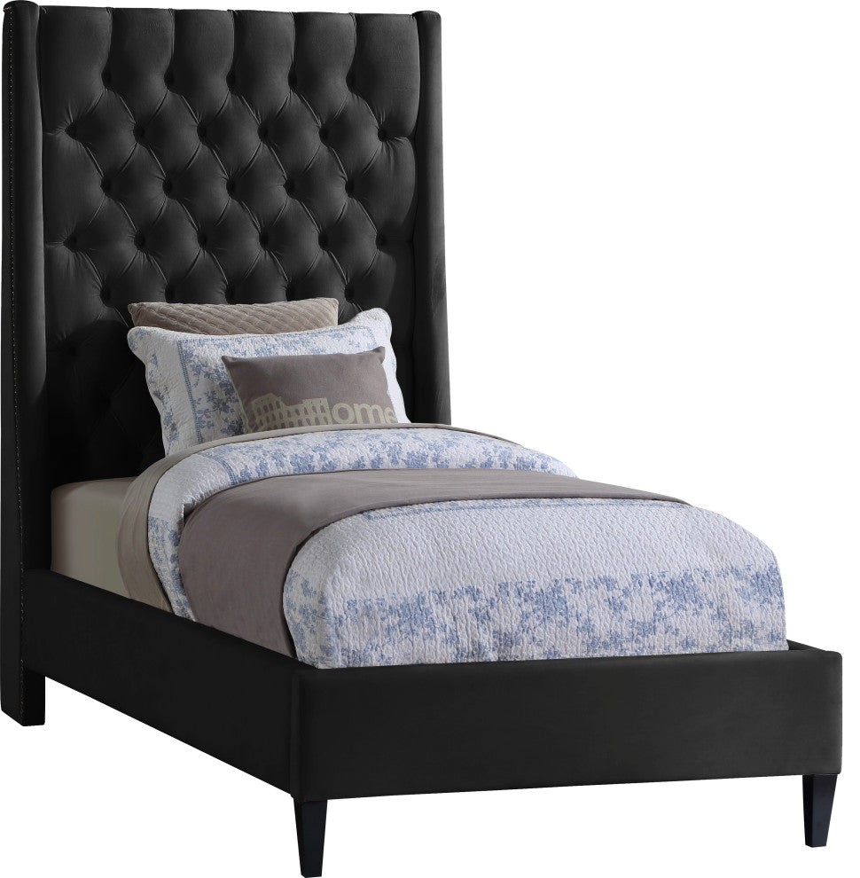 Fritz Velvet Upholstered Bed, Black, Twin