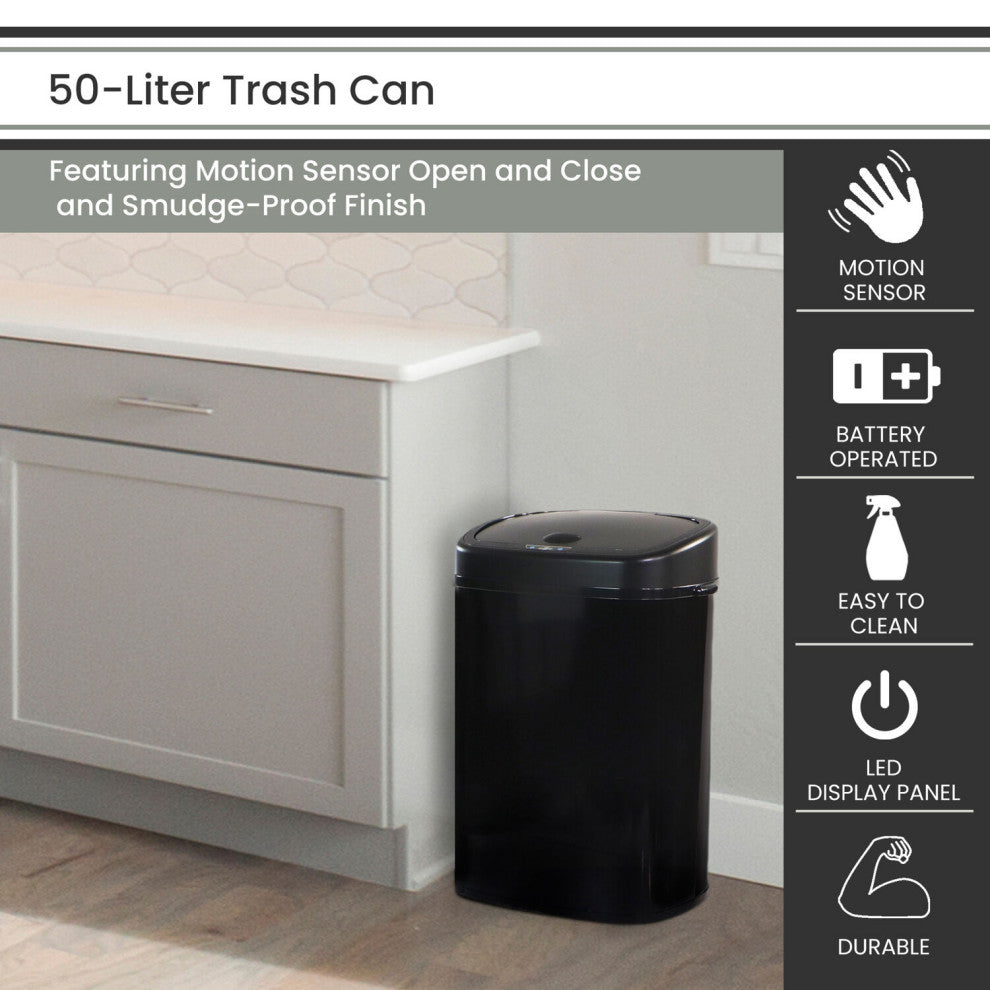 50-Liter / 13.2-Gallon Trash Can With Sensor Lid, Black