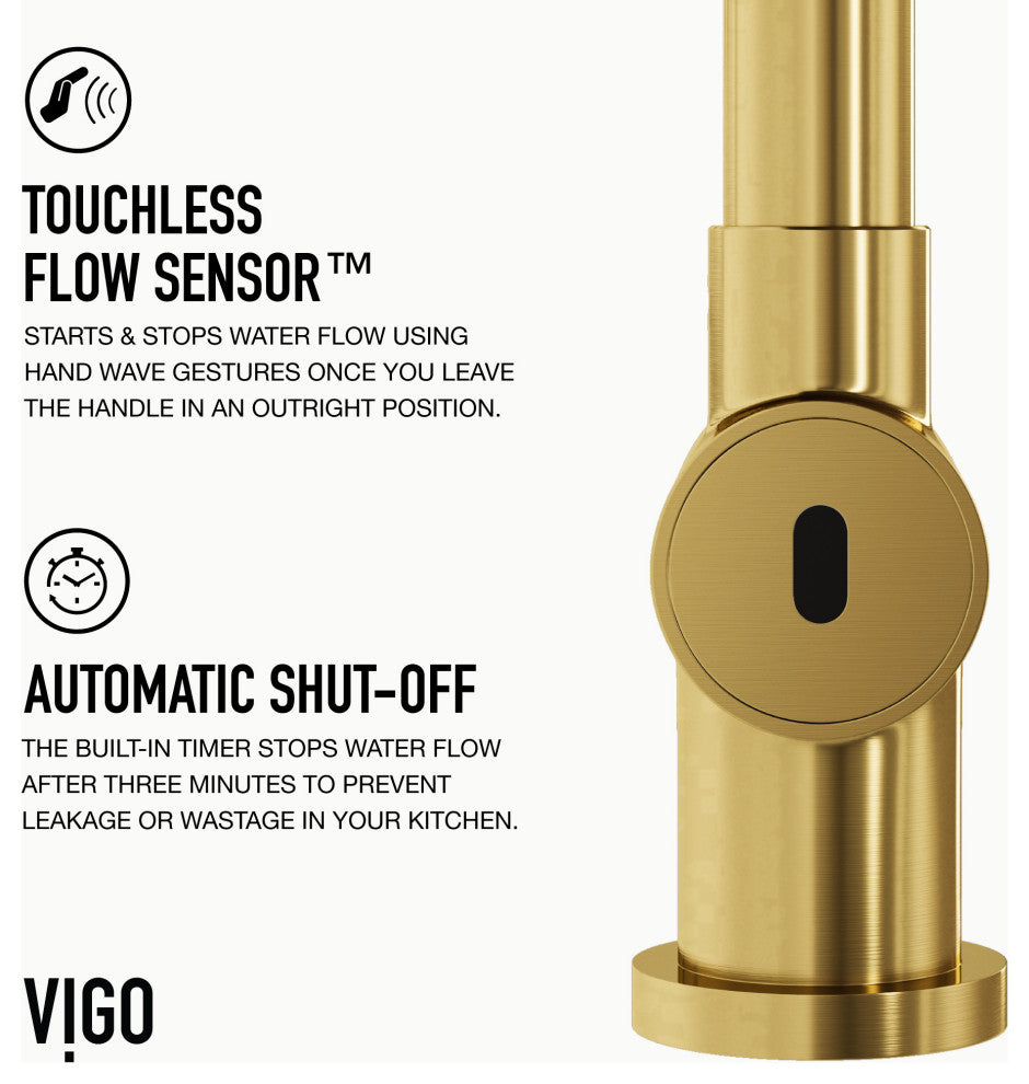 VIGO Gramercy 17" H Single Handle Pull-Down Sprayer Kitchen Faucet, Matte Brushed Gold, Touchless, Without Extras