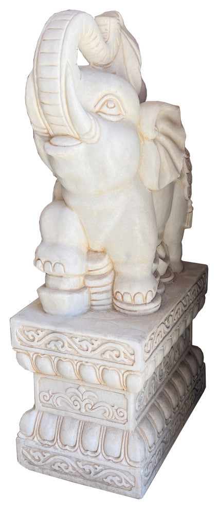 Chinese Pair White Marble Stone Fengshui Elephant Trunk Up Statues Hcs7637