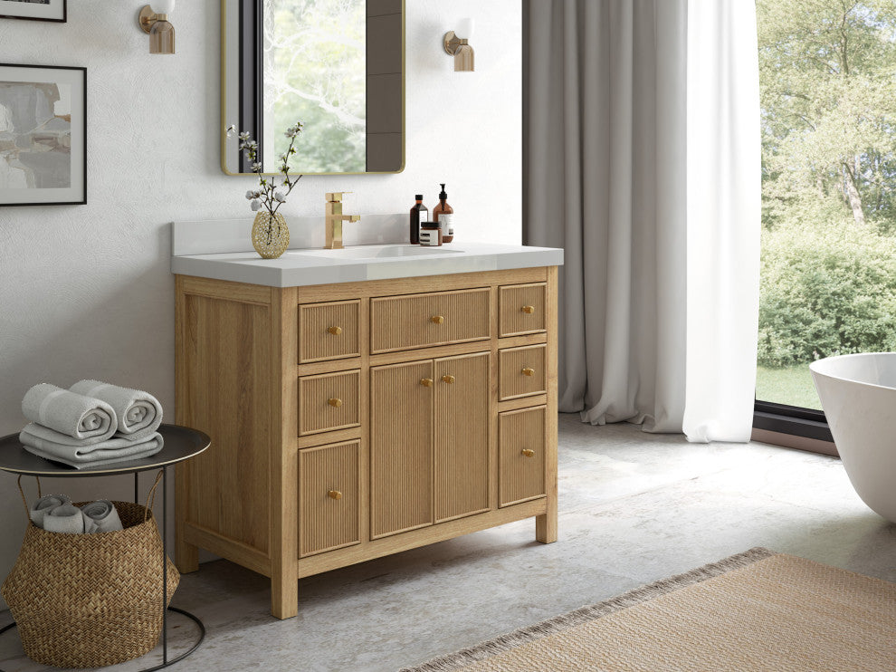 Sonoma 42 Single Sink Bath Vanity in Light Natural Teak with 1.5" Calacatta Laza