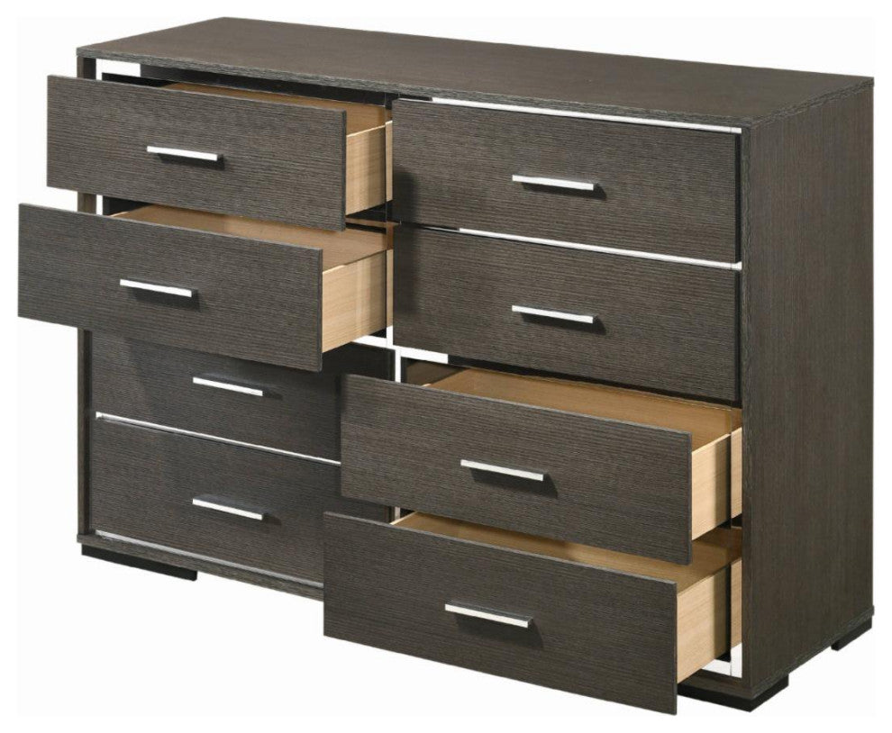 Contemporary Double Dresser, 8 Spacious Drawers With Aluminum Pulls, Gray Oak