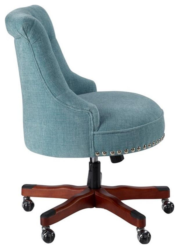 Linon Sinclair Upholstered Office Chair Wood Base with Wheels in Aqua Blue