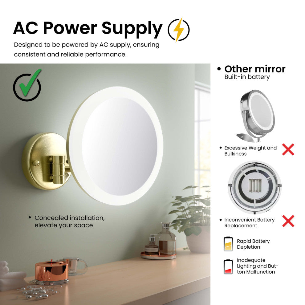 Circular LED Wall Mount One Side 5x Magnifying Make Up Mirror, Brushed Gold