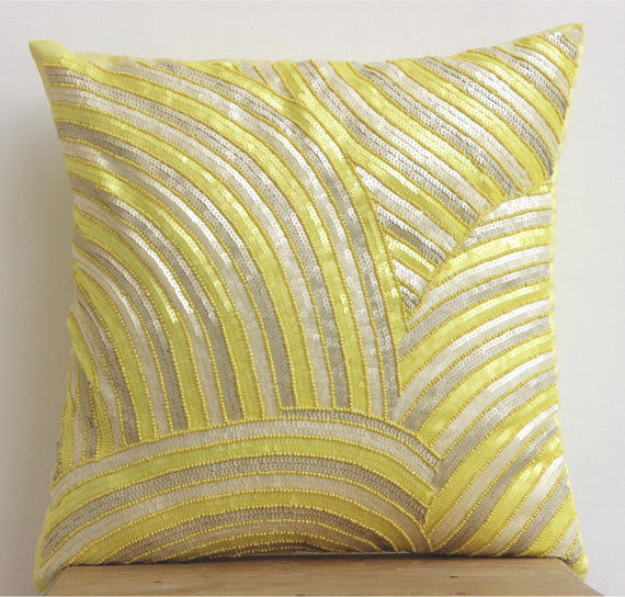 Yellow Accent Pillows 20"x20" Throw Pillow Cover, Art Silk, Pearly Yellow