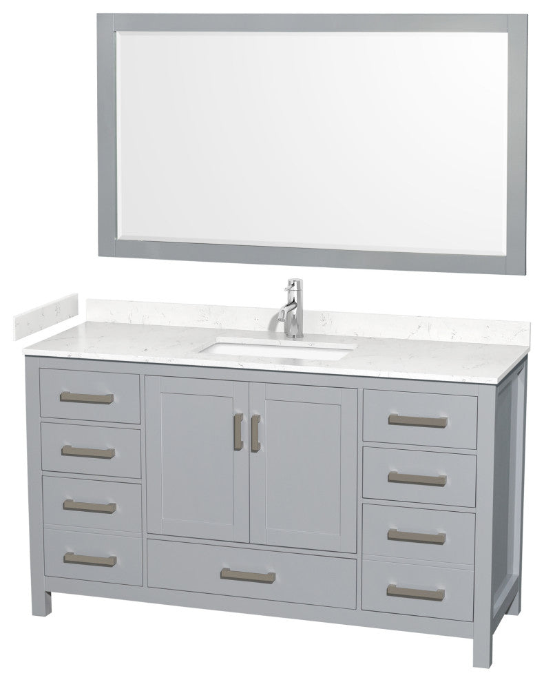 60"SGL Bathroom Vanity Gray, Carrara Cult. Marble Countertop, Sink, 58" Mirror