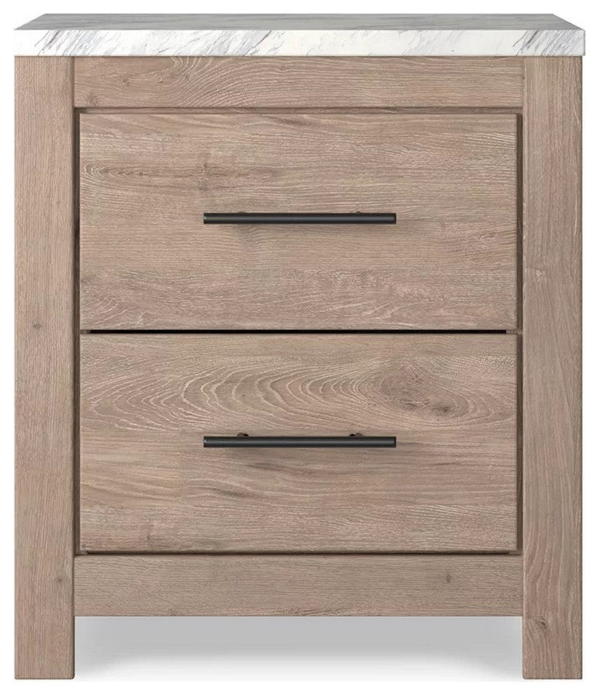 Benzara BM283333 25" Rustic Wood Nightstand, 2 Drawers, White Marble Top, Brown