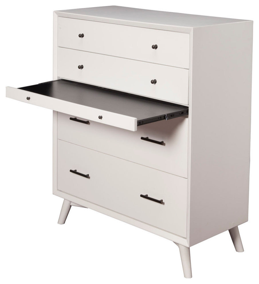 Flynn Mid Century Modern 4 Drawer Chest With Pull Out Tray, White