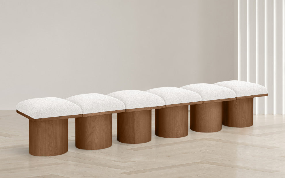Pavilion Boucle Fabric Upholstered 6-Piece Modular Bench, Cream, Walnut Finish