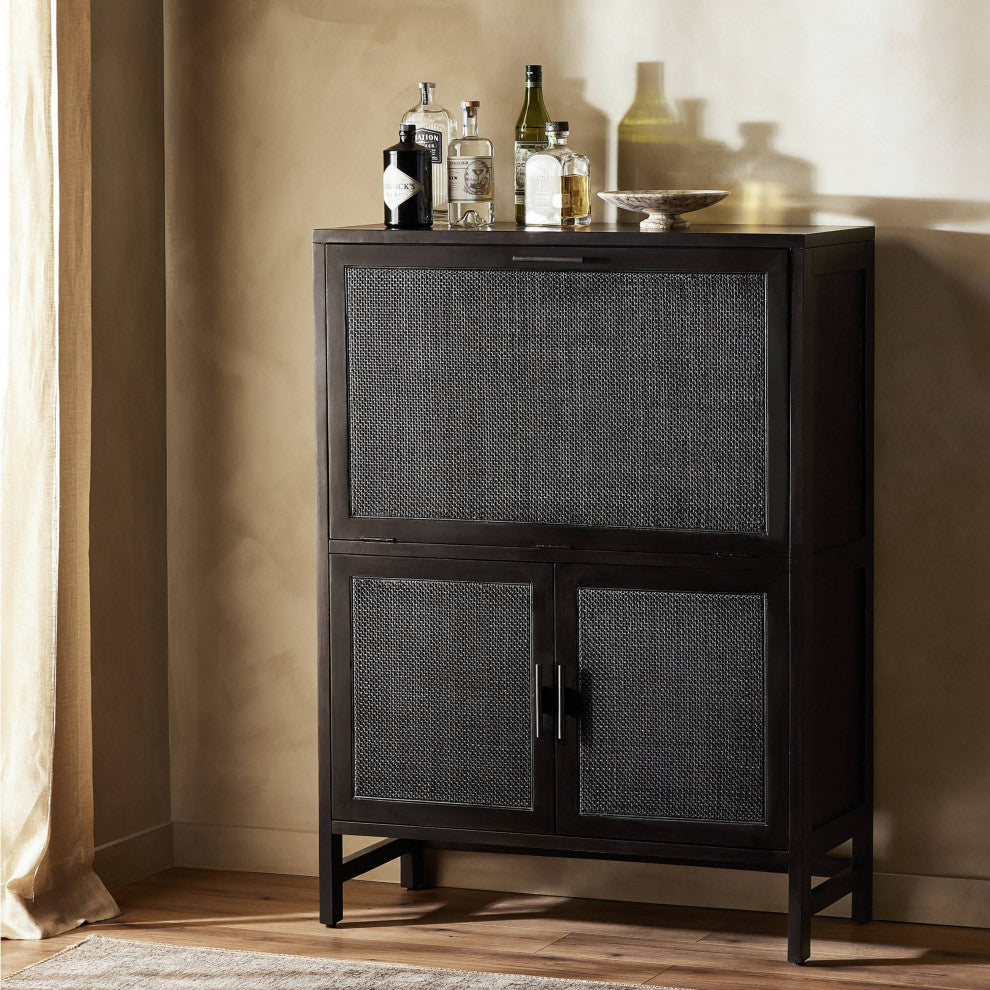 Caprice Bar Cabinet Black Natural Cane, Black Wash Mango, Gunmetal
