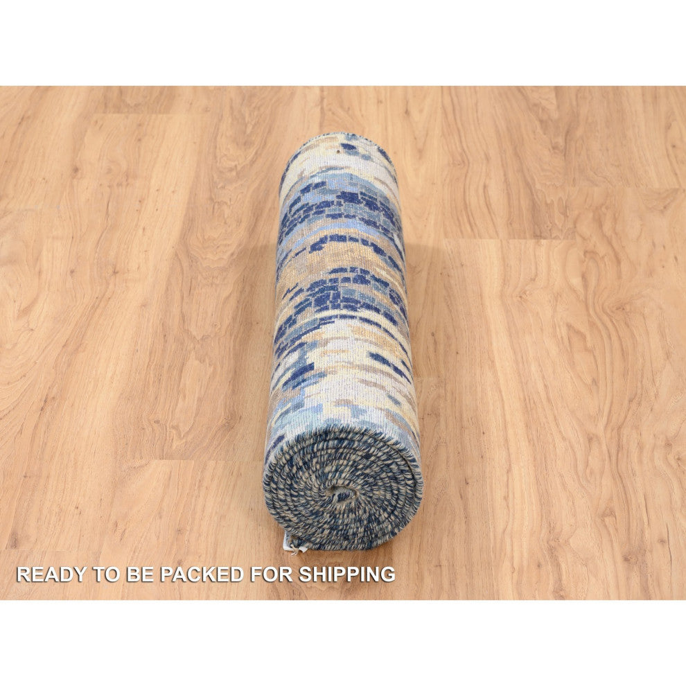 Denim Blue Hand Knotted, Mosaic Design Wool and Silk Runner Rug, 2'8" x 9'9"