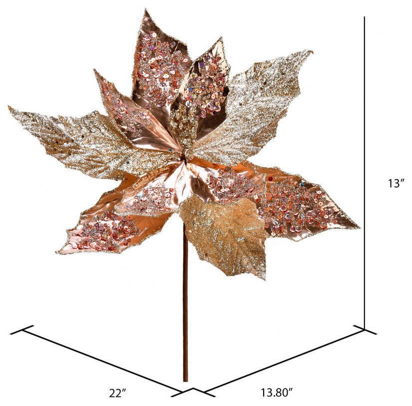 Poinsettia Sequin Aritificial Christmas Spray , Rose Gold, 13"