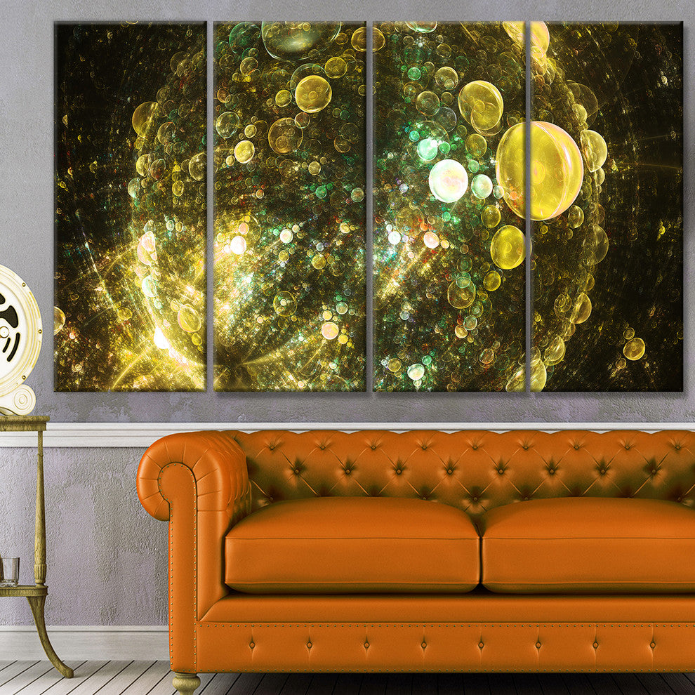 Yellow Spherical Planet Bubbles, Abstract Canvas Art Print, 48"x28", 4 Panels