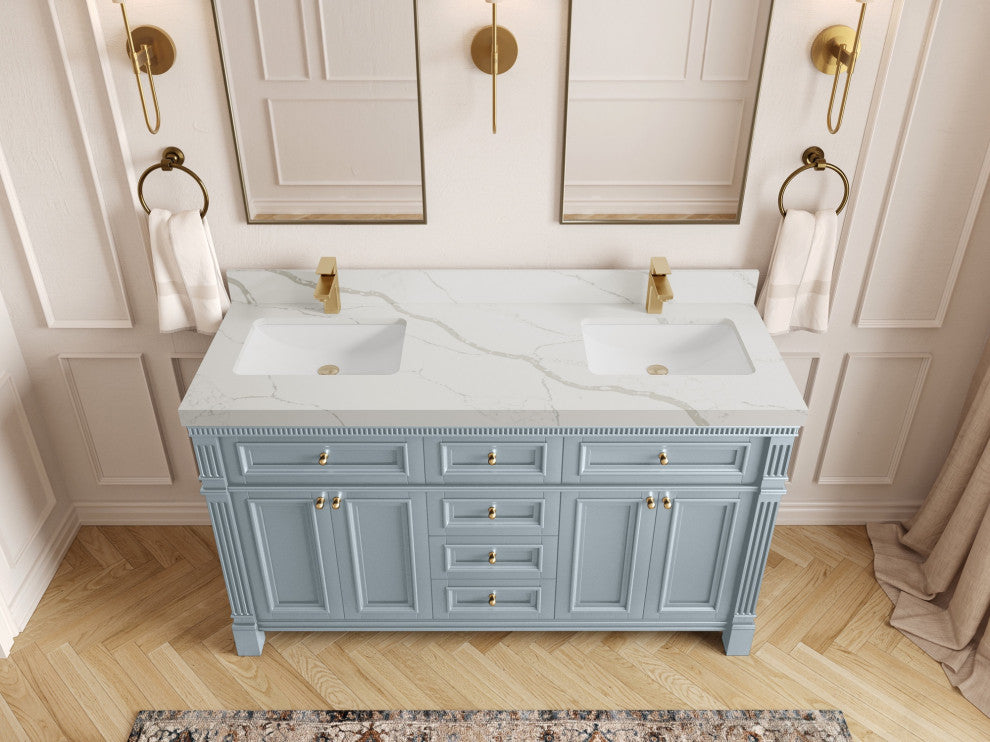 Paris 60" Double Sink Bathroom Vanity, Blue Heather 2" Calacatta Laza
