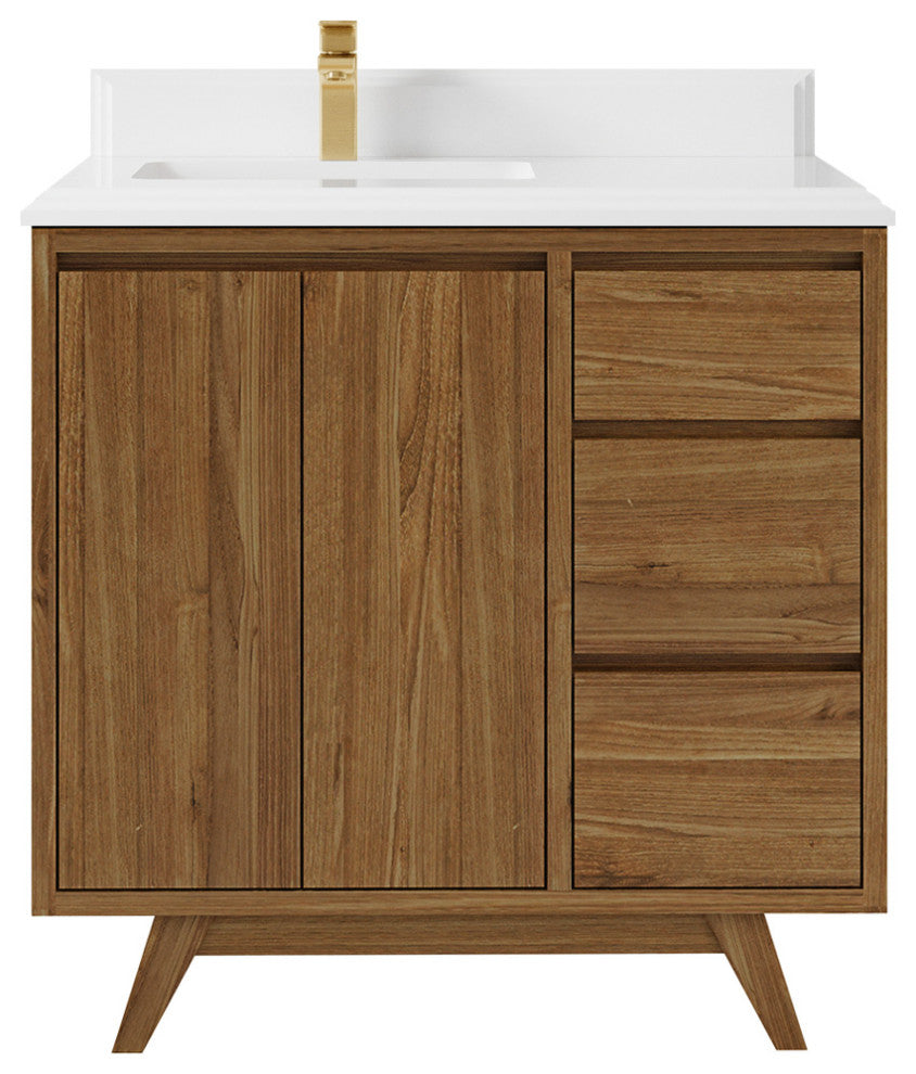 Madison Teak 36 Left Offset Bath Vanity in Dark Natural 1.5" White Quartz