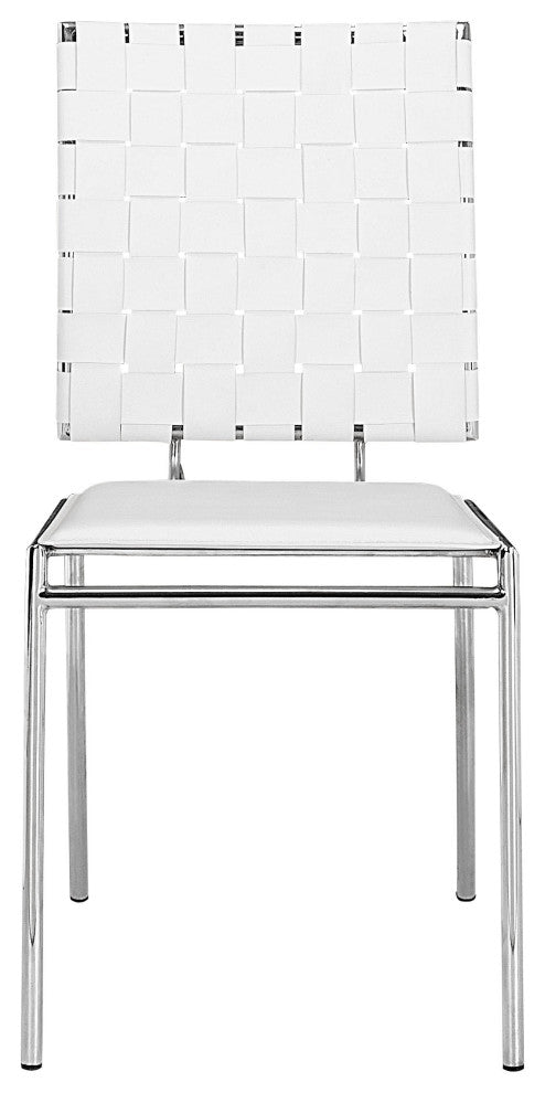 Set of Four White Faux Leather and Steel Modern Basket Weave Dining Chairs