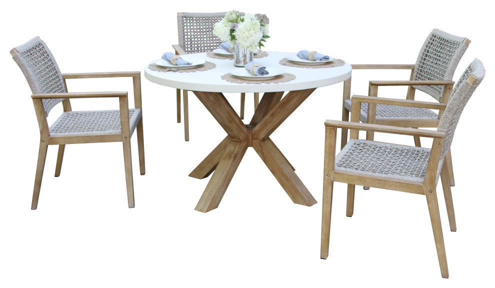 48" Ivory Composite Dining Table With 4 Wheat Rope Chairs