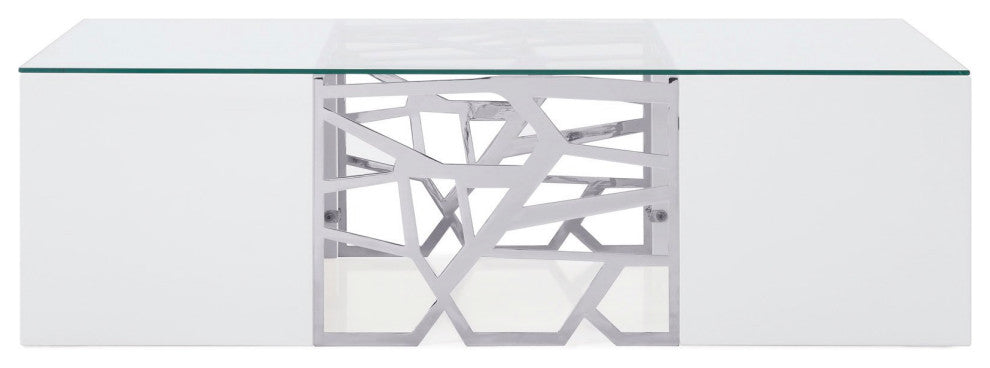 Liera Coffee Table Clear Tempered Glass Top White Lacquer Base Stainless Steel
