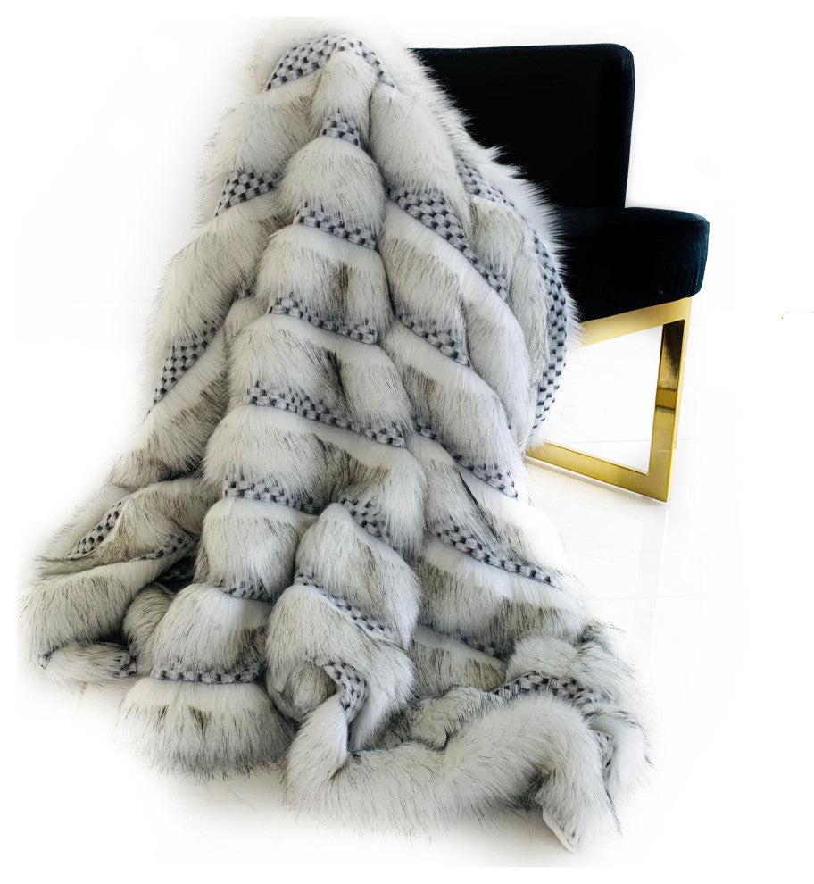 Plutus Off White Two Tone Feather Faux Fur Luxury Throw Blanket, 114"x120"