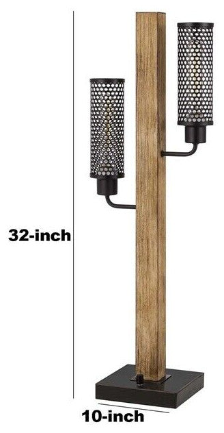 Benzara BM241805 Wooden Table Lamp With 2 Metal Mesh Shades, Brown and Black