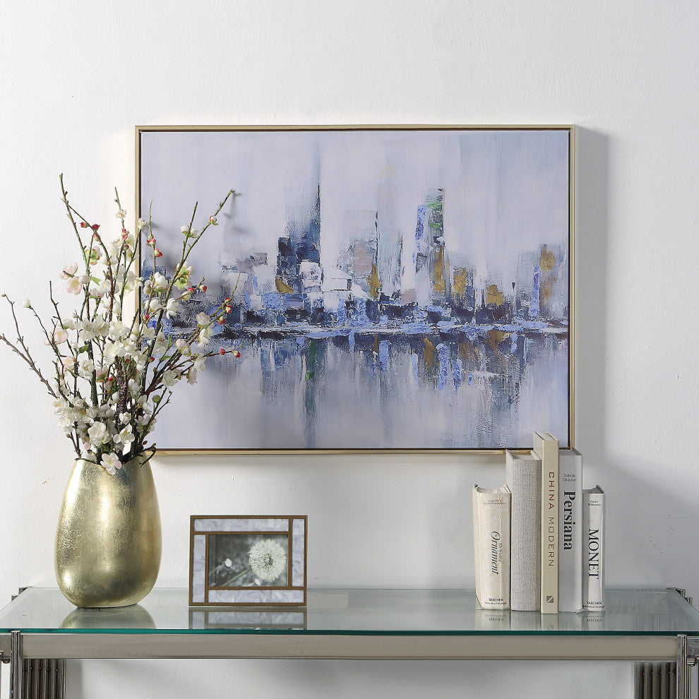 Cityscape Abstract Wall Art 24x32 With Gold Frame, Teal