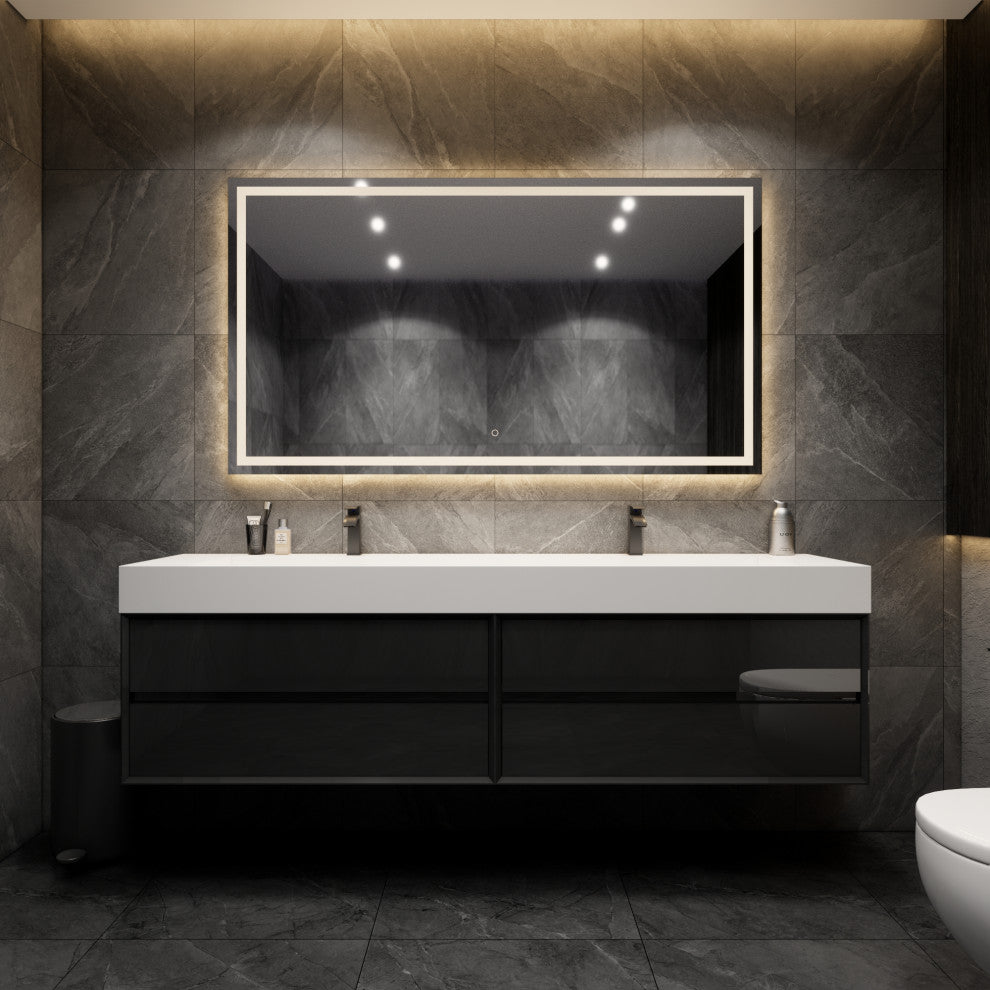 MAX 84" Double Floating Bath Vanity With Acrylic Sink, Coffee Wood, Gloss Black