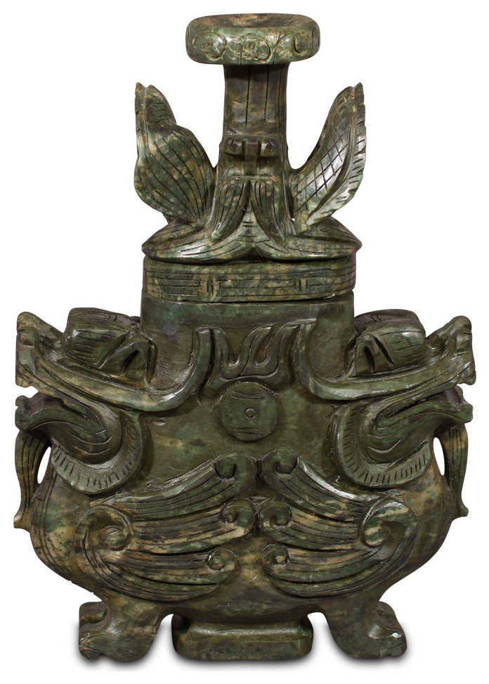 Hand Carved Chinese Jade Winged Lion Vessel with Removable Lid